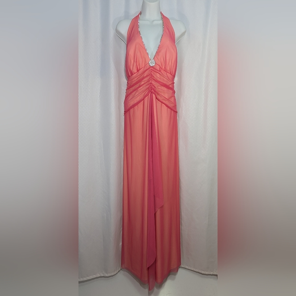Onyx Nite Vintage-Inspired Halter Maxi Dress with Rhinestone Trim, Coral, 18W
